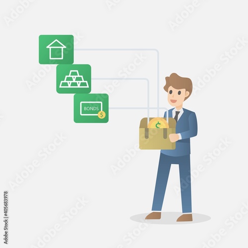Diversification investment,financial success and balance,Risk management money growth and turnover,guarantee of security financial savings,Invest in gold, bonds and Real estate,Vector illustration.