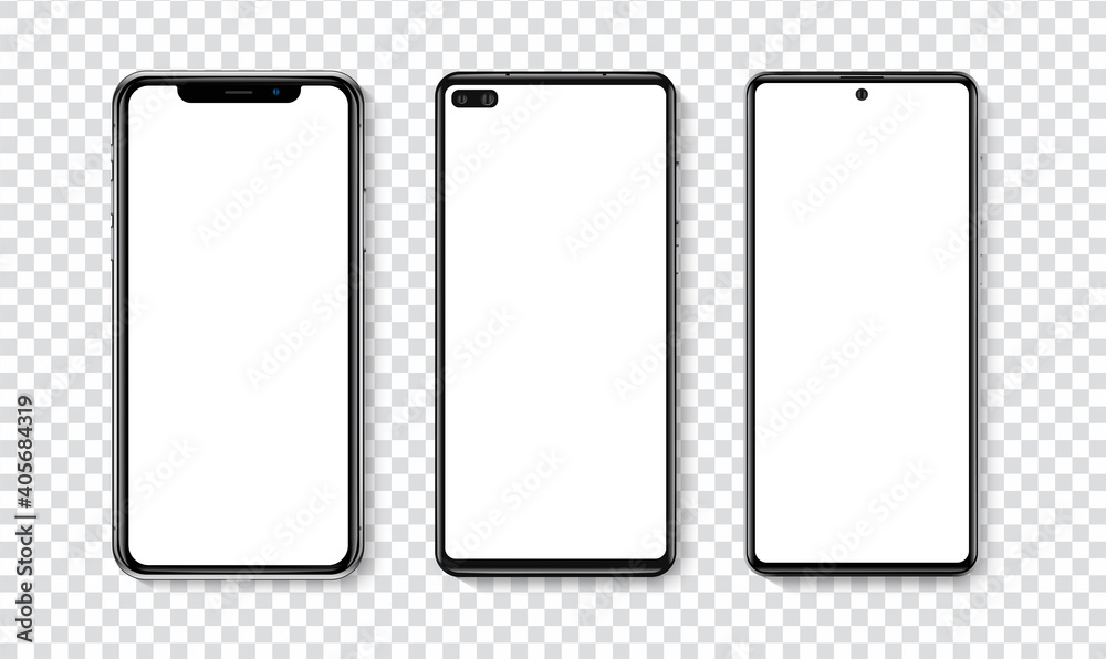 High quality realistic trendy smartphone with blank white screen. Phone mockup for visual UI UX app demonstration. Vector mobile set device concept High quality realistic trendy smartphone with blank white screen. Phone mockup for visual UI UX app demonstration. Vector mobile set device concept