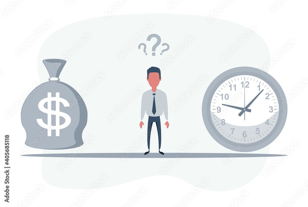 Businessman standing between clock and bag with dollar symbol and balancing money and time. Vector flat design illustration. Businessman standing between clock and bag with dollar symbol and balancing money and time. Vector flat design illustration.