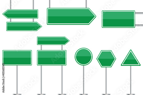 Green blank road signs. Advertising place. City illustration. Billboard design. Stock image. EPS 10.