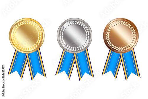 Blank medals for celebration design. Gold, silver and bronze medals with blue ribbons. Stock image. EPS 10.