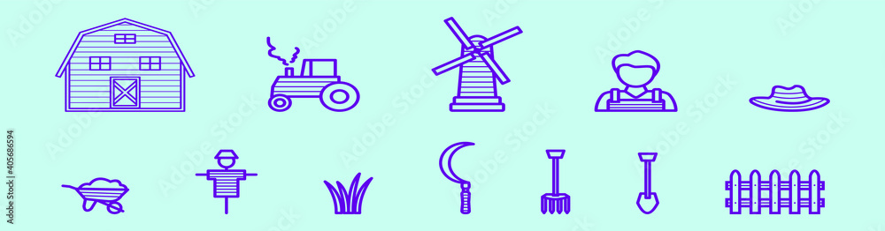 set of farms cartoon icon design template with various models. vector illustration isolated on blue background set of farms cartoon icon design template with various models. vector illustration isolated on blue background