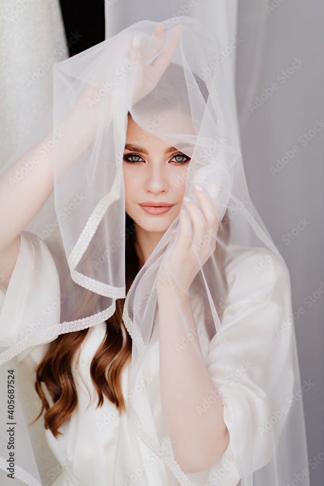 portrait of a beautiful young woman in a white robe under a wedding veil. portrait of a beautiful young woman in a white robe under a wedding veil.