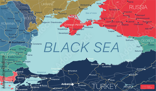 Black Sea region detailed editable map with regions cities and towns, roads and railways, geographic sites. Vector EPS-10 file