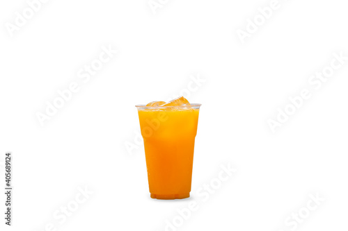 Orange juice in a plastic cup put ice on white background with clipping path.