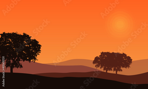 The beautiful scenery of trees and mountains at sunset. Vector illustration