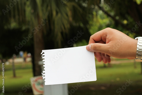 hand holding blank white paper for template © dennys