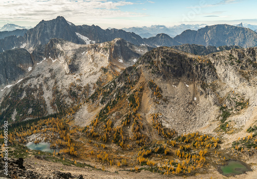 View from Mount Frosty on golden larches and mountain peaks