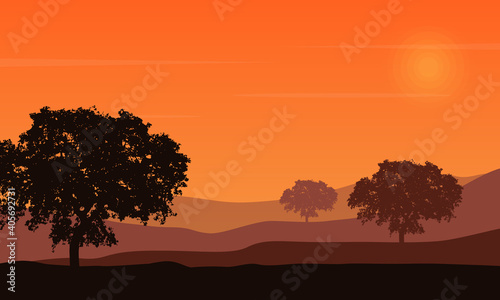 Nice scenic trees and mountains at twilight. Vector illustration
