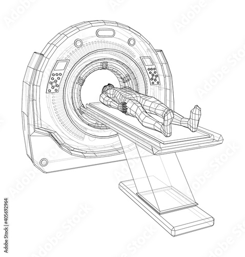 MRI machine scanning patient inside. Vector