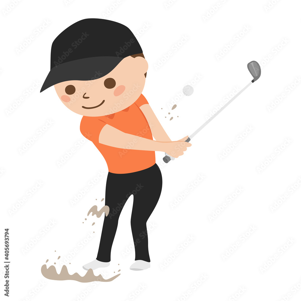 ゴルフをしてる男性のイラスト。バンカーからゴルフボールを飛ばしてる男性。 ゴルフをしてる男性のイラスト。バンカーからゴルフボールを飛ばしてる男性。