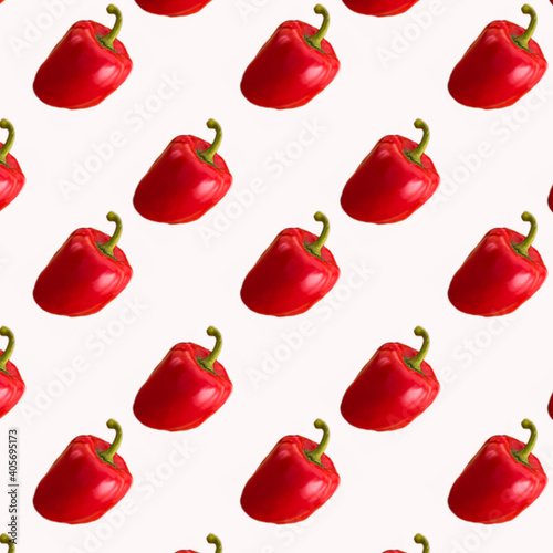 Bulgarian red pepper on white background, pattern, wallpaper, top view, flat layout, isolated, template