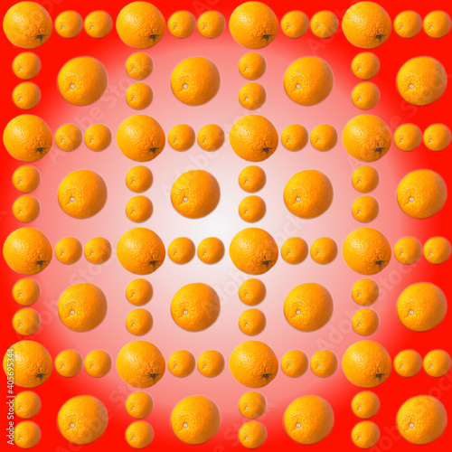 Fototapeta Naklejka Na Ścianę i Meble -  Orange on red and white background, pattern, wallpaper, top view, flat layout, isolated, template