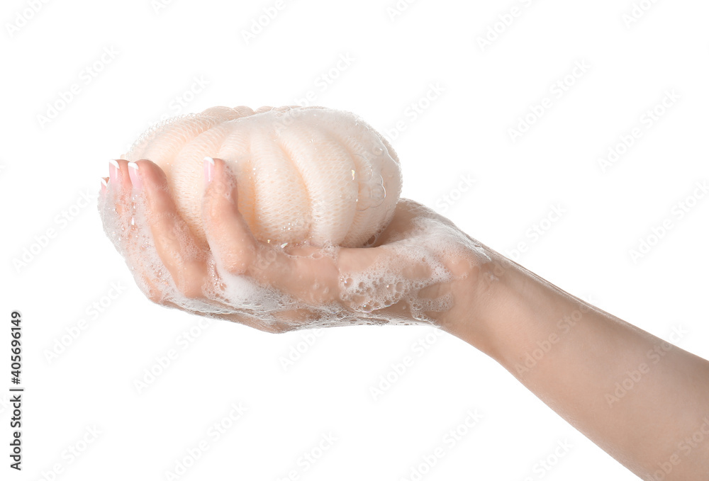 Female hand with loofah isolated on white background Female hand with loofah isolated on white background