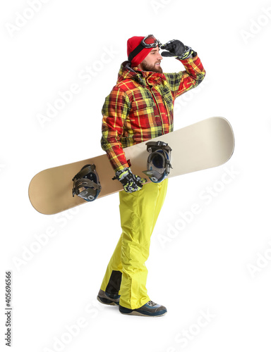 Male snowboarder on white b...