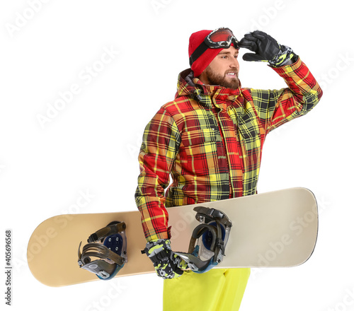 Male snowboarder on white b...