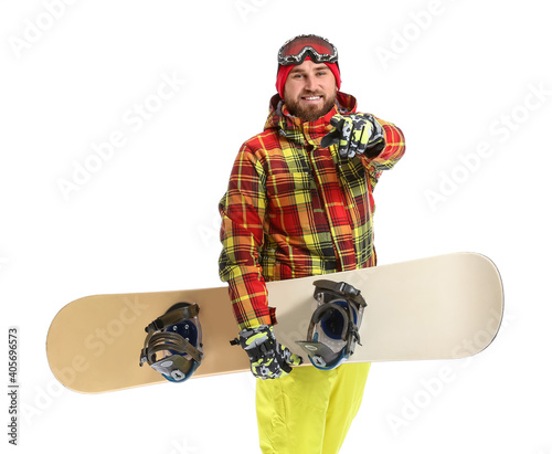 Male snowboarder on white b...