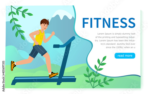 Fitness. young Man running on a treadmill against a forest background. landing page, cartoon character. Vector illustration in modern flat style. © kornetka