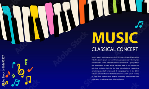 abstract Music background. rainbow piano keys on blue background. template banner for your text. Bright horizontal banner.