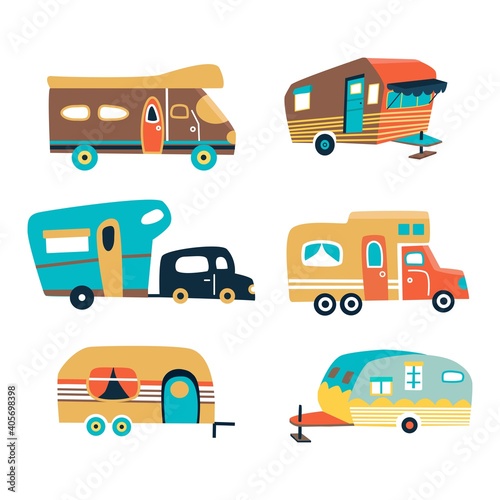 Camping trailers, set of travel caravans for camper. transport for tourism. Vector illustration. Cartoon