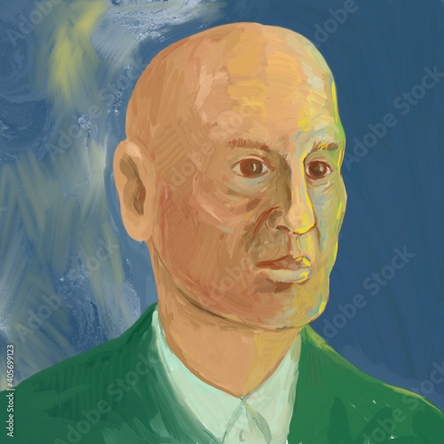 Canvastavla Oil Painting of a Bald Man Looking to Side Impressionist Style