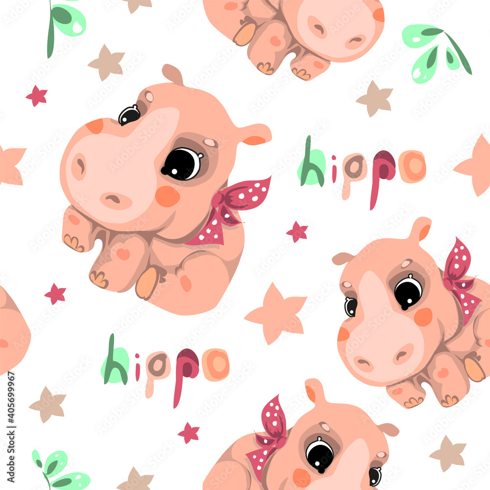 Seamless pattern in cartoon style, children's theme with fun and attractive hippo. Vector illustration Seamless pattern in cartoon style, children's theme with fun and attractive hippo. Vector illustration