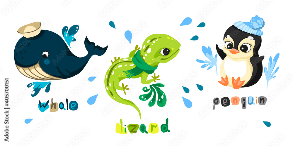 Set of characters in cartoon style, fun and attractive animals. Vector illustration Set of characters in cartoon style, fun and attractive animals. Vector illustration