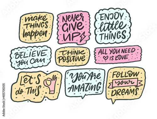 Hand drawn calligraphy motivation phrases set. Doodle style. Colorful vector illustration.