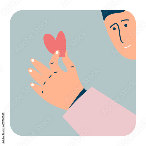 The guy who holds the heart in his hand. The concept of congratulations for Valentine's Day. Unrequited love. Feelings for the opposite sex.
