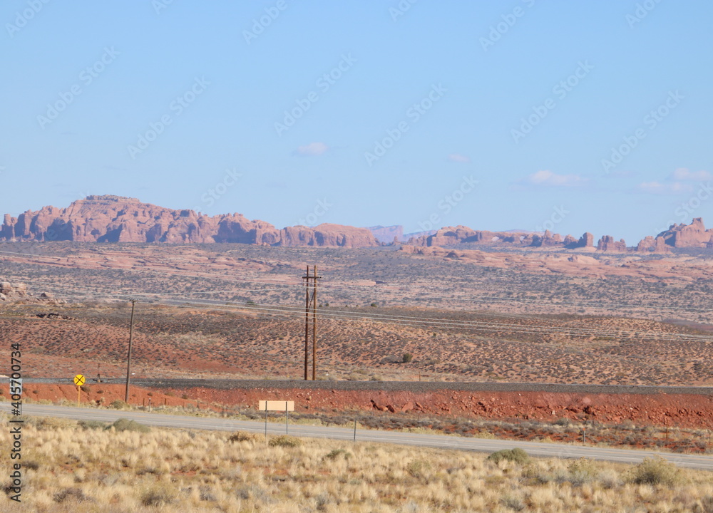 Distant view of Arches National Park from far away, Moab, Utah