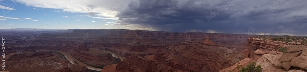 Panorama at Dead Horse Point overlook with a storm rolling in, Moab, Utah