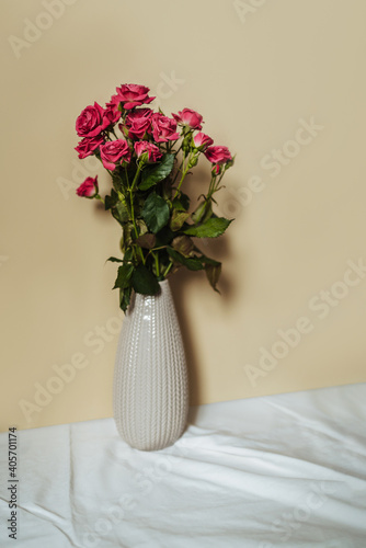 Pink roses in a vase on a trendy beige background. The concept of the coming of spring and women's day.