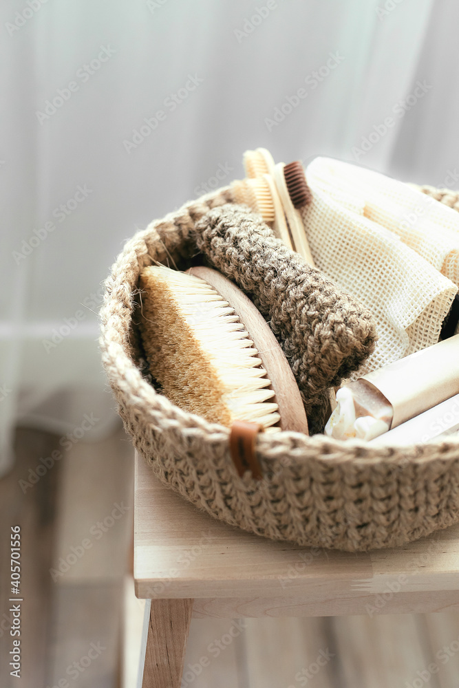 Natural product in jude basket. Bodybrush, toothbrush, shopping bag, soap. Treat yourself concept
