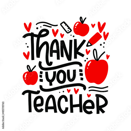 Thank you teacher card vector design with gratitude quote, apples and writing supplies