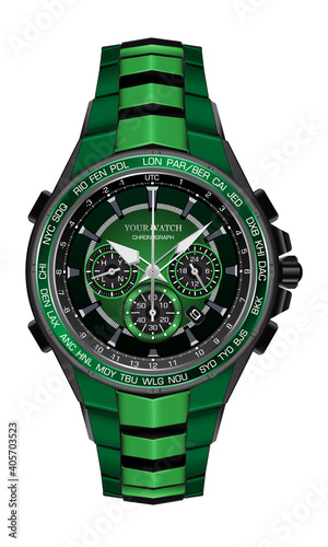 Realistic watch clock chronograph green black steel design fashion for men luxury elegance on white background vector illustration.
