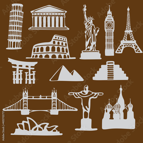 Icon set of famous landmarks in the style of paper cut with curved shape isolated on brown background