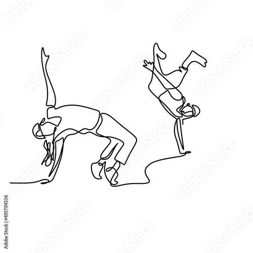 One continuous line drawing young modern street dancer man performing hip hop dance on the stage. Young male doing break dance. Sport dance concept. Minimalist design vector illustration