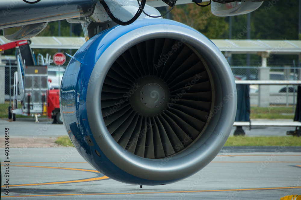 An airplanes jet engine closeup