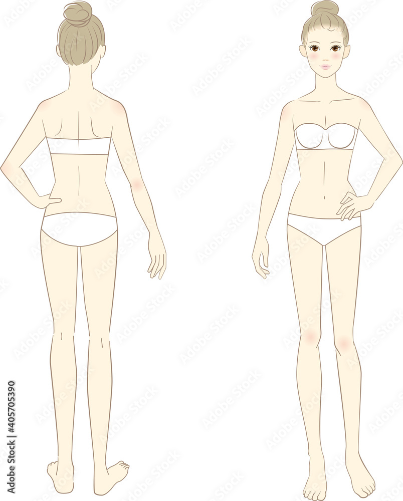 Body illustration of a woman in underwear, front and back Body illustration of a woman in underwear, front and back