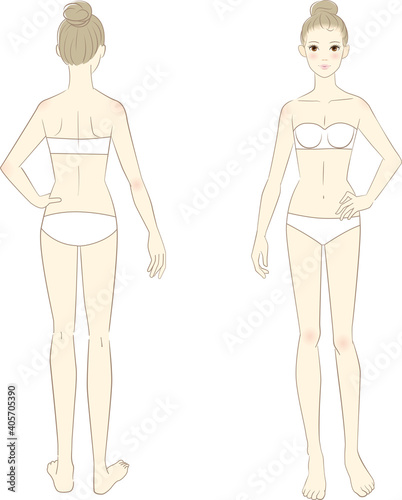 Body illustration of a woman in underwear, front and back
