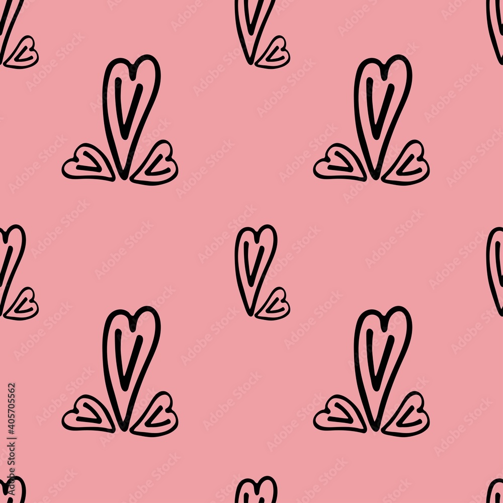 Seamless fabric with hearts of different sizes on a pink background.