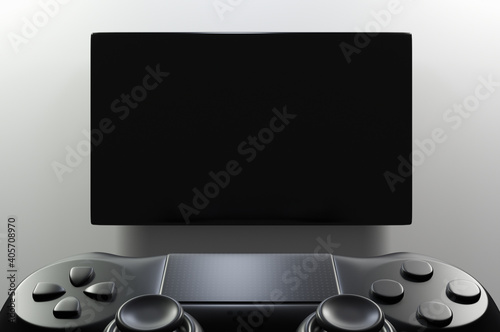 A half of Modern black wireless videogame controller with touch pad in the room with led, lcd or oled tv on the wall. 3d rendering.Copy space for insert content.