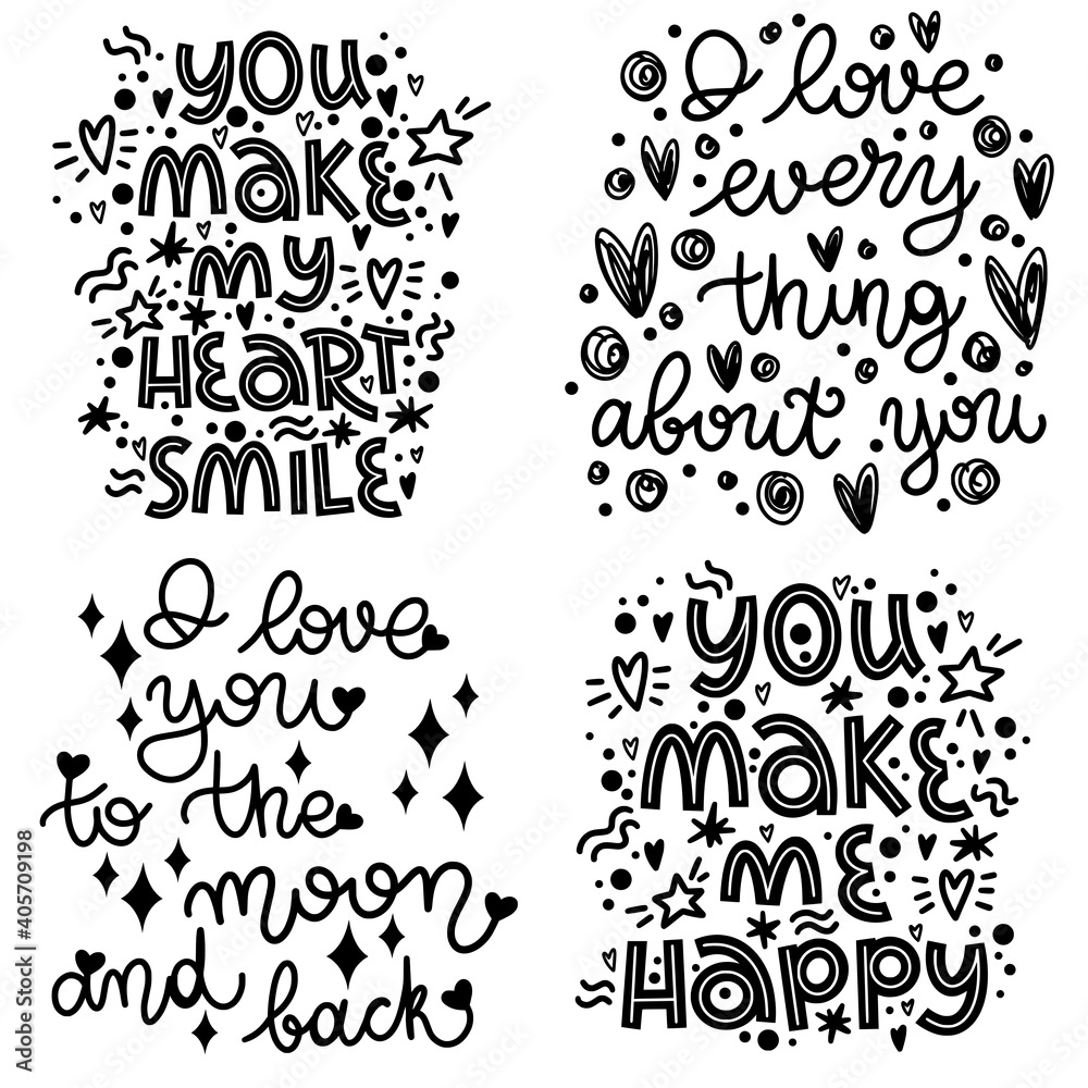 Fototapeta Set of lettering about love. Valentines Day. Black and white vector lettering. Vector illustration