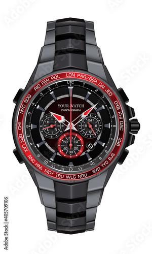 Realistic red black steel watch clock chronograph design fashion for men luxury elegance on white background vector illustration.