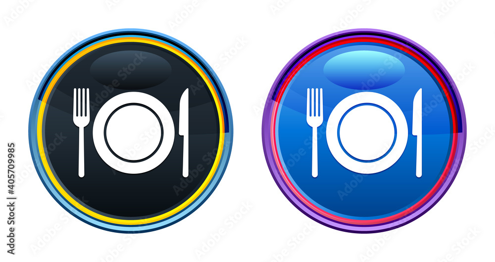 Plate with fork and knife icon artistic glassy round buton set illustration Plate with fork and knife icon artistic glassy round buton set illustration