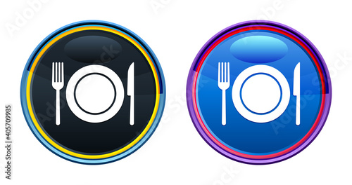 Plate with fork and knife icon artistic glassy round buton set illustration