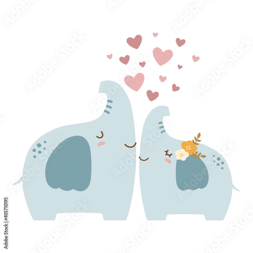 Cute elephant couple in love. Cartoon elephants vector illustration.