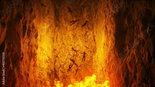 Sinners fall to hell fire. Religious concept. Realistic 4k animation. photo