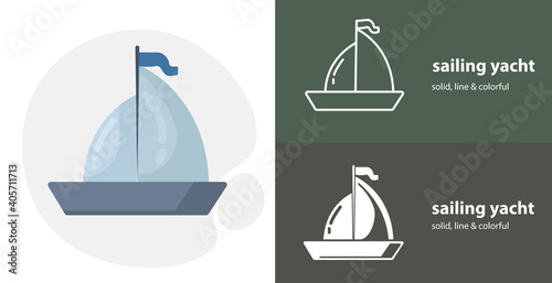 sailing isolated tool flat icon with yacht solid, line icons