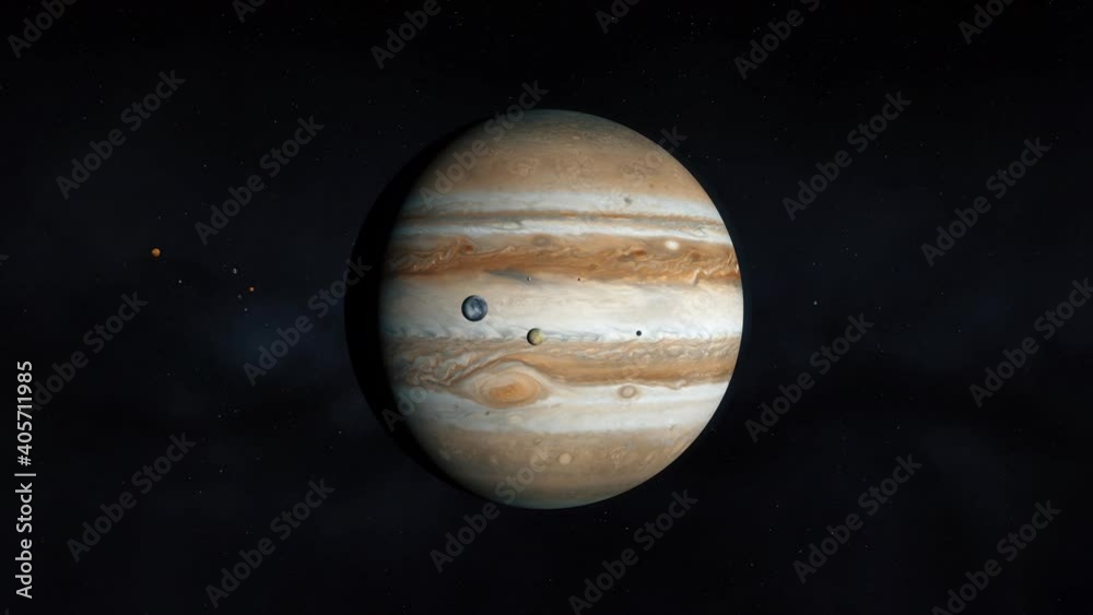 Jupiter and moons, Ganymede and Europe, planets of the solar system, Voyager, space and stars, realistic 3D graphics, 3D Render, video, moving stars, space, planets, stars